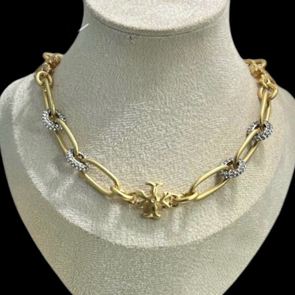 NWT Auth. Tory Burch Roxanne Pave Chunky Short 15” Necklace in Rolled Tory Gold